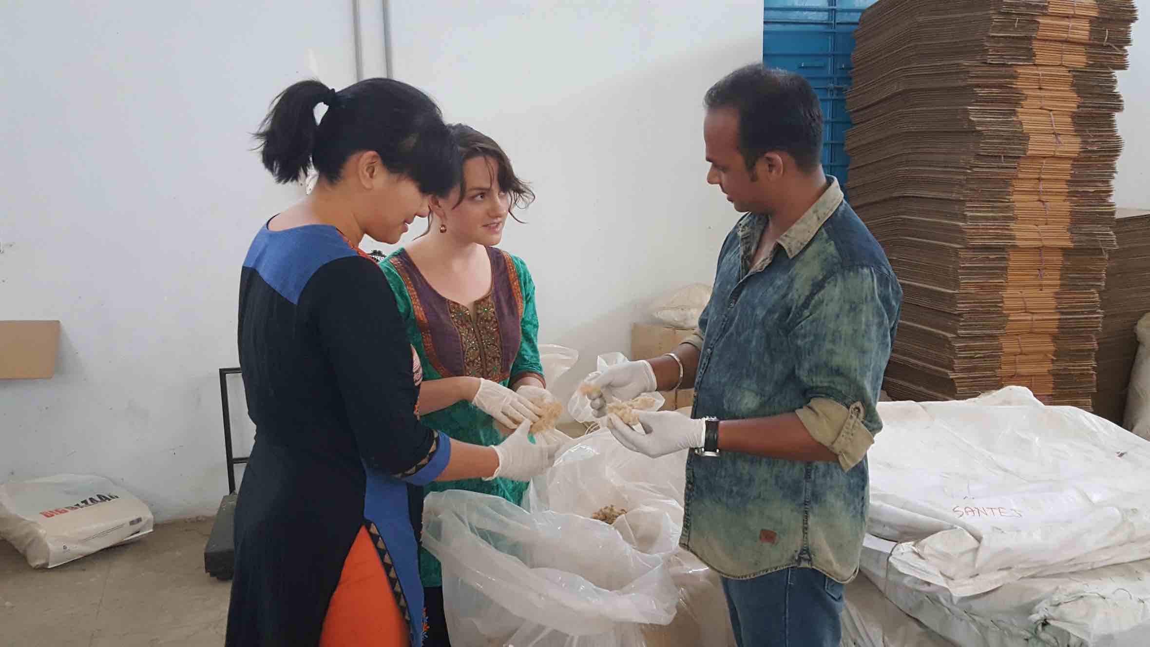 saathi pads team checking banana fiber