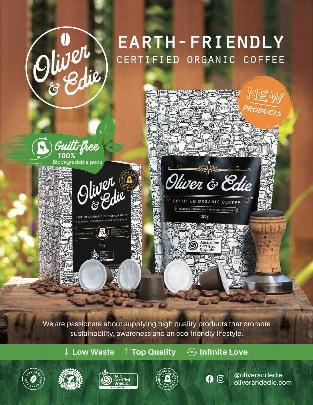 biodegradable coffee pods oliver and edie Rainforest Alliance & NASAA Organic Australian Certified Organic