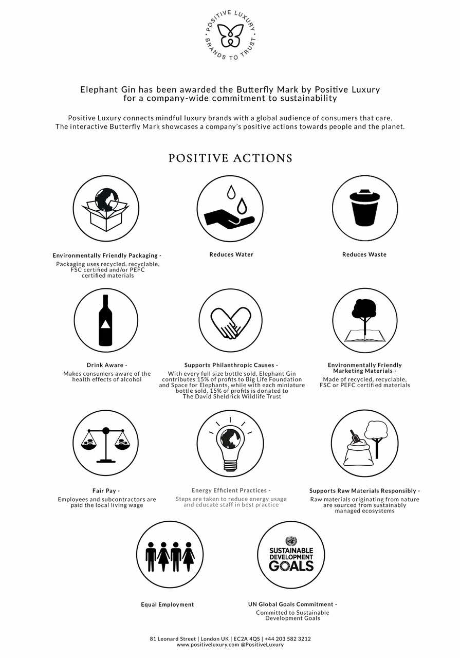 infographic Elephant Gin handcrafted Dry Gin positive luxury Africa foundations awards