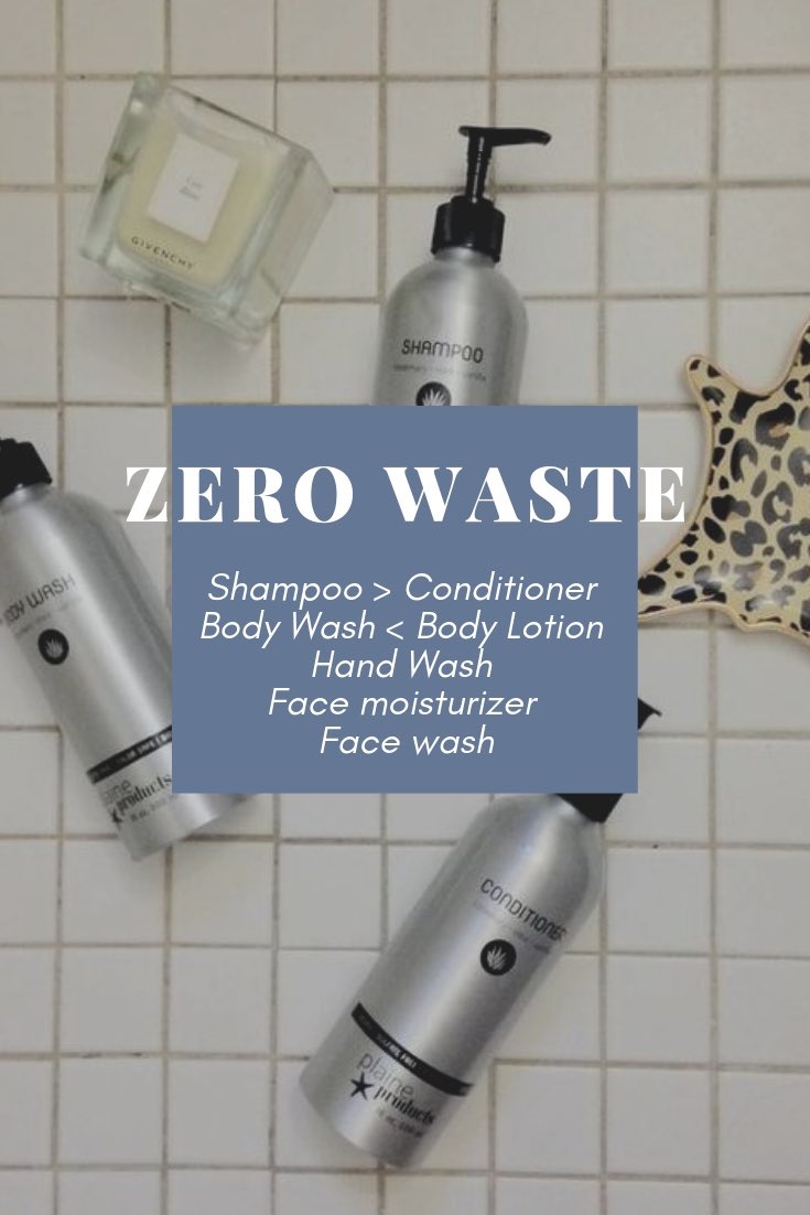 zero waste bathroom Plaine Products vegan toxin free aloe vera shampoo conditioner face wash face moisturiser body lotion hand wash refillable