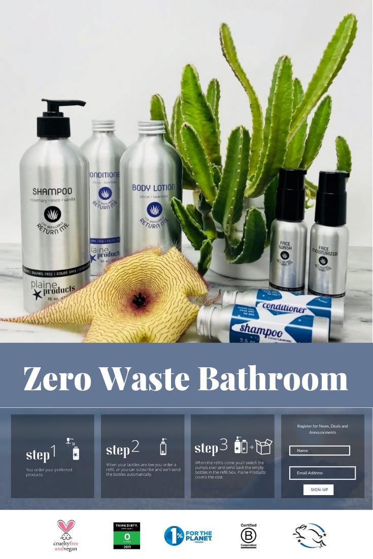 zero waste bathroom Plaine Products vegan toxin free aloe vera shampoo conditioner face wash face moisturiser body lotion hand wash refillable