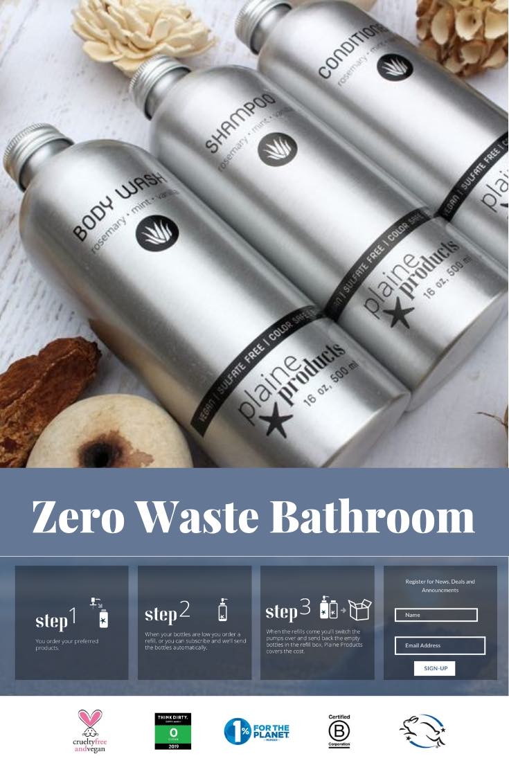 zero waste bathroom Plaine Products vegan toxin free aloe vera shampoo conditioner face wash face moisturiser body lotion hand wash refillable