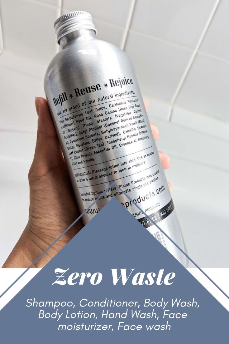 zero waste bathroom Plaine Products vegan toxin free aloe vera shampoo conditioner face wash face moisturiser body lotion hand wash refillable