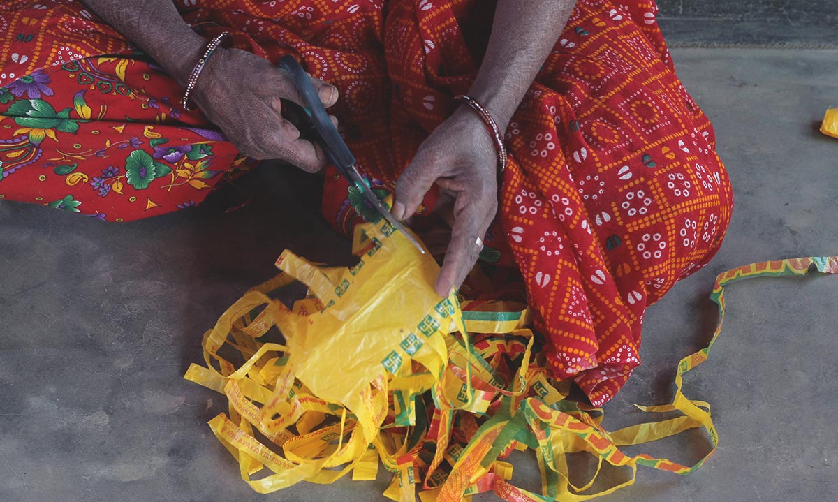 upcycled trash plastic bags handmade fashion accessories